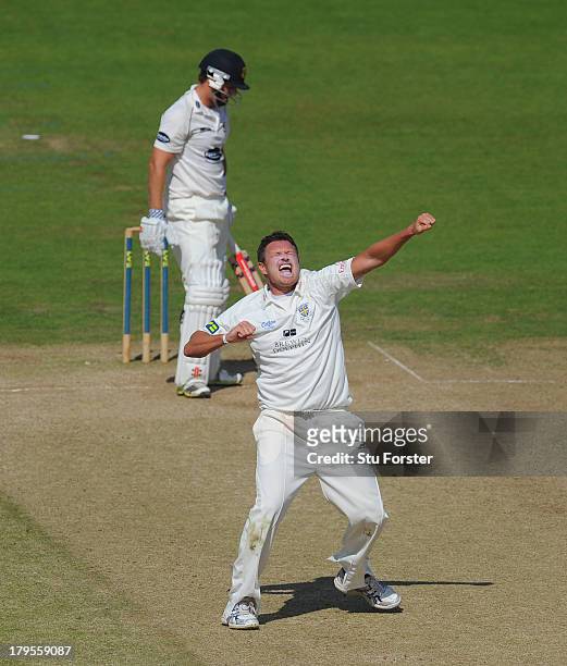 Durham bowler Mitchell Claydon appeals with success for the wicket of Sussex batsman Chris Nash during day three of the LV County Championship...