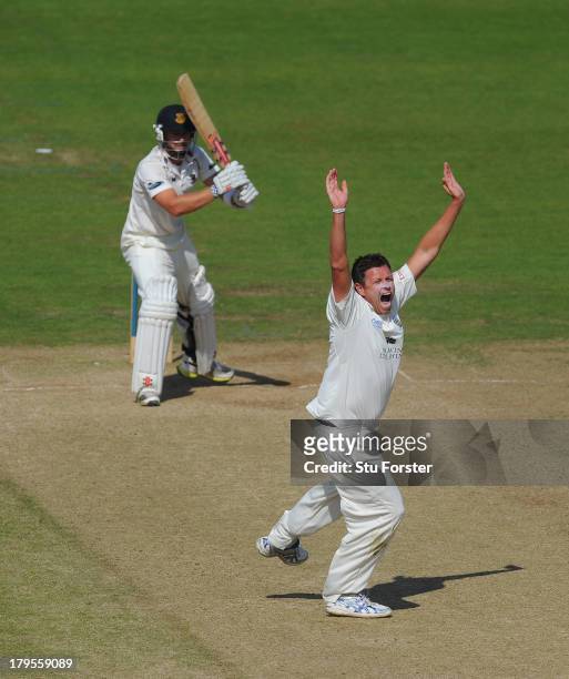 Durham bowler Mitchell Claydon appeals with success for the wicket of Sussex batsman Chris Nash during day three of the LV County Championship...