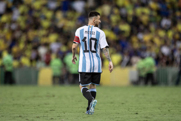 Lionel Messi of Argentina walks back to his position during FIFA World Cup 2026 Qualifier match between Brazil and Argentina at Maracana Stadium on...