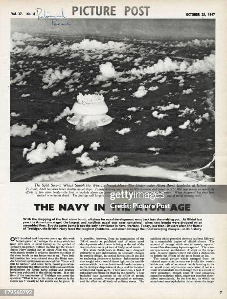 An Picture Post magazine article on the implications of atomic warfare on the world's navies, October 1947. The illustration shows a mushroom cloud...