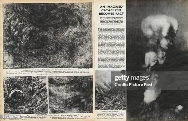 Picture Post magazine article from August 1945, entitled 'Man Enters The Atom Age'. The illustrations compare fictional cataclysms, drawn by Leonardo...