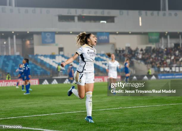 Olga Carmona player of Real Madrid celebrates after scoring her team's second goal during the UEFA Women's Champions League group stage match between...