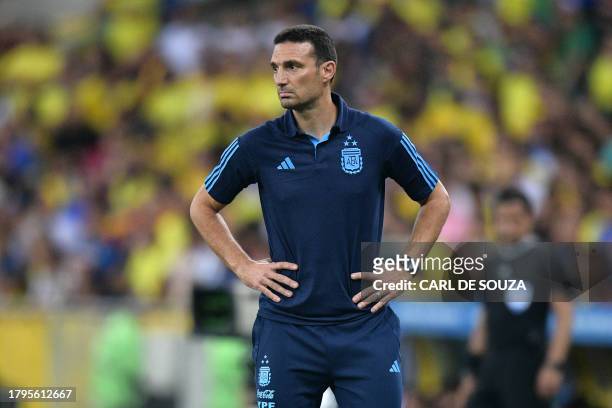 Argentina's coach Lionel Scaloni looks on during the 2026 FIFA World Cup South American qualification football match between Brazil and Argentina at...