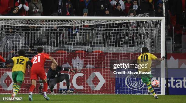 Jamaica forward Bobby Reid scores the third goal on a penalty shot as Canada falls Jamaica 3-2 in the Concacaf Nations League Quarterfinals that...