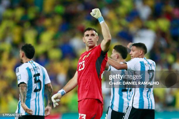 Argentina's goalkeeper Emiliano Martinez celebrates at the end of the 2026 FIFA World Cup South American qualification football match between Brazil...