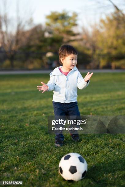 little boy playing football in the park - toddler boys stock pictures, royalty-free photos & images
