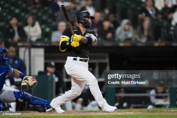 Yoan Moncada of the Chicago White Sox bats during the game between the Kansas City Royals and the Chicago White Sox at Guaranteed Rate Field on...