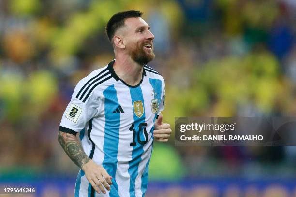 Argentina's forward Lionel Messi celebrates at the end of the 2026 FIFA World Cup South American qualification football match between Brazil and...