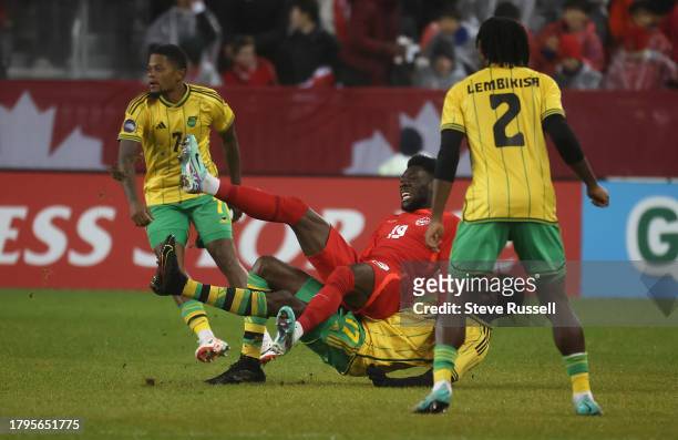 Jamaica Damion Lowe takes down Canada Alphonso Davies as Canada falls Jamaica 3-2 in the Concacaf Nations League Quarterfinals that doubles as a...