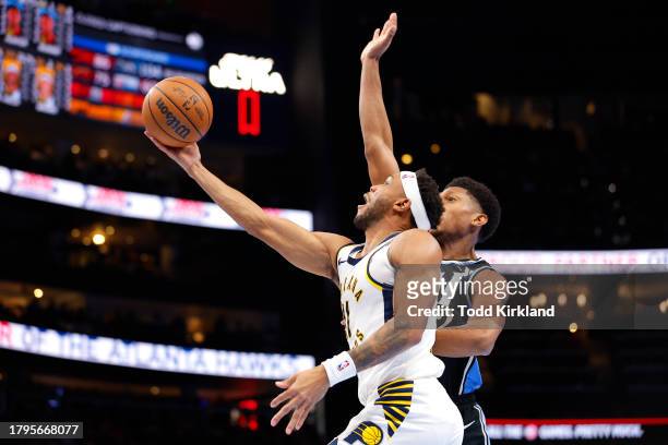 Bruce Brown of the Indiana Pacers goes up for shot during the third quarter against the Atlanta Hawks during an NBA In-Season Tournament game at...