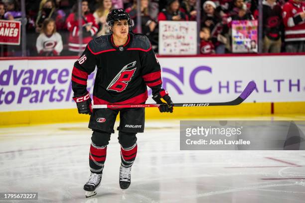 Teuvo Teravainen of the Carolina Hurricanes warms up prior to a game against the Philadelphia Flyers at PNC Arena on November 15, 2023 in Raleigh,...
