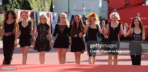 Director Kitty Green , Femen activists Inna Shevchenko , Sasha Shevchenko and fellow activists attend the 'Sacro Gra' Premiere during the 70th Venice...