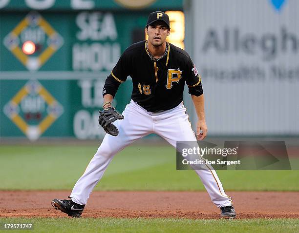 Garrett Jones of the Pittsburgh Pirates stands ready at first base against the St. Louis Cardinals on August 31, 2013 at PNC Park in Pittsburgh,...