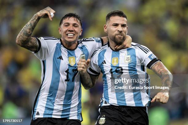 Nicolás Otamendi celebrates with his teammate Enzo Fernández after scoring the team's first goal during FIFA World Cup 2026 Qualifier match between...