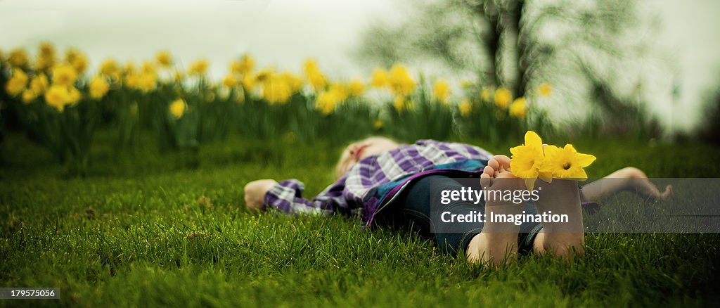 Yound girl lying in bed of Daffodils
