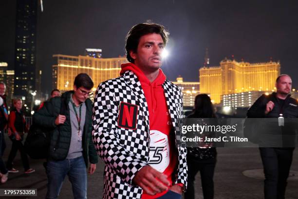 Carlos Sainz of Spain and Ferrari walks in the Paddock during previews ahead of the F1 Grand Prix of Las Vegas at Las Vegas Strip Circuit on November...