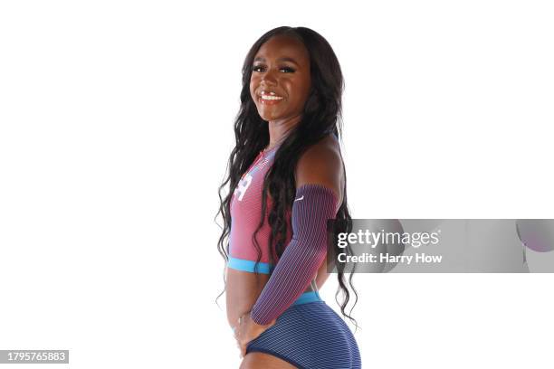 Paralympic track and field athlete Brittni Mason poses during the Team USA Paris 2024 Olympic Portrait Shoot at NBC Universal Studios Stage 16 on...