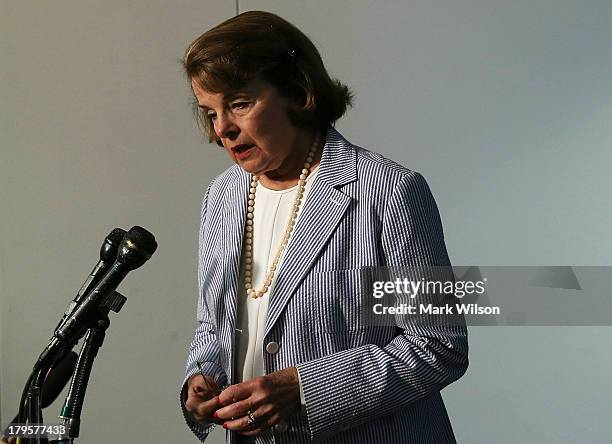 Chairman Dianne Feinstein speaks to the media after meeting with members of the intelligence community during a Senate Select Intelligence Committee...