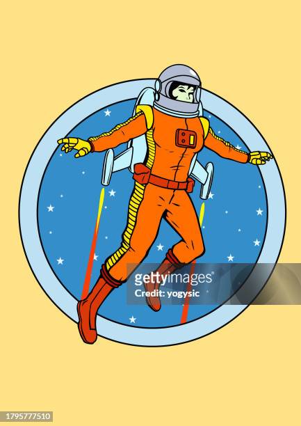 vector retro flying female astronaut logo stock illustration - space exploration logo stock illustrations