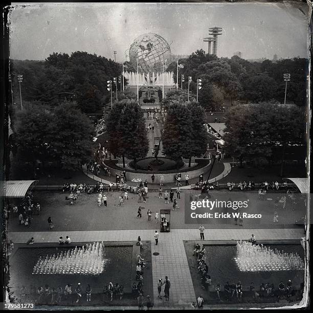 Scenic overall view of grounds at complex during 2nd Round at BJK National Tennis Center. View of Unisphere globe from 1964 World's Fair in...