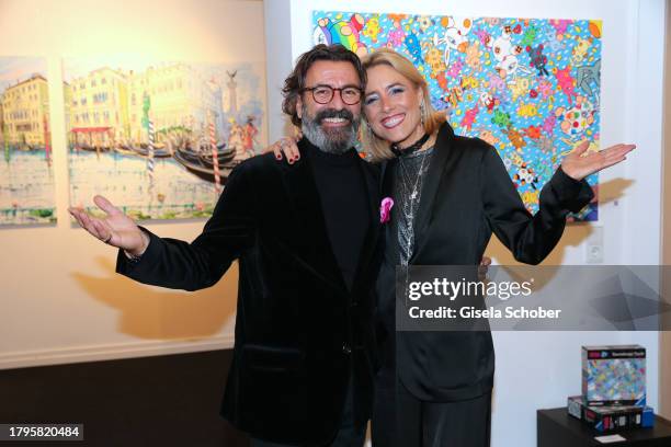 Artist Mauro Bergonzoli and Franziska Fugger von Babenhausen attend the Mauro Bergonzoli exhibition preview on November 21, 2023 at Galerie Barbara...