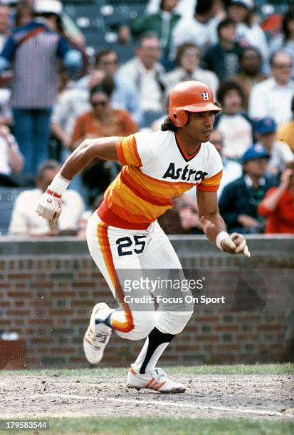 Outfielder Jose Cruz of the Houston Astros runs towards first base against the Chicago Cubs during an Major League Baseball game circa 1975 at...