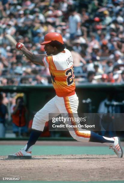 Outfielder Jose Cruz of the Houston Astros bats against the Philadelphia Phillies during an Major League Baseball game circa 1975 at Veterans Stadium...