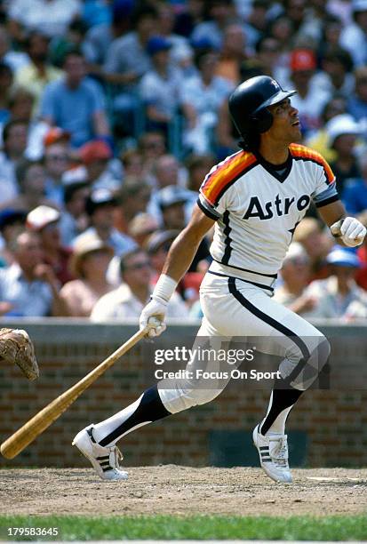 Outfielder Jose Cruz of the Houston Astros bats against the Chicago Cubs during an Major League Baseball game circa 1980 at Wrigley Field in Chicago,...