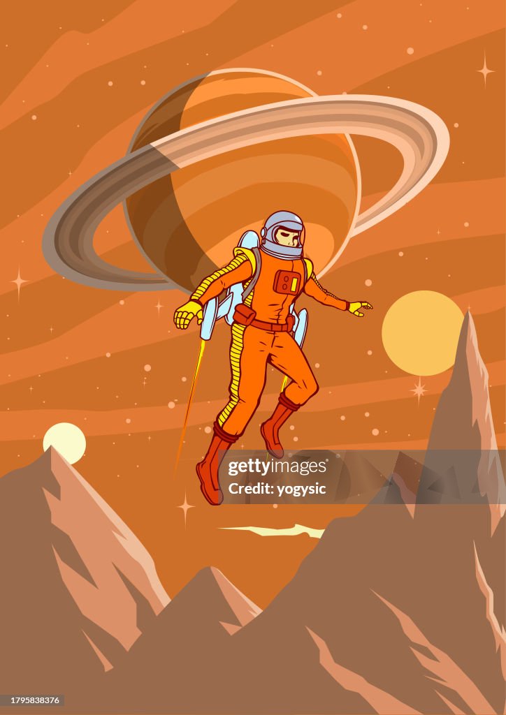 Jetpack Poster Vector Retro Vintage Astronaut Exploring A Planet On A Jetpack Poster ...
