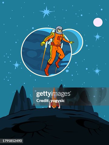 Jetpack Poster Vector Retro Vintage Astronaut Exploring A Moon Surface On A Jetpack ...