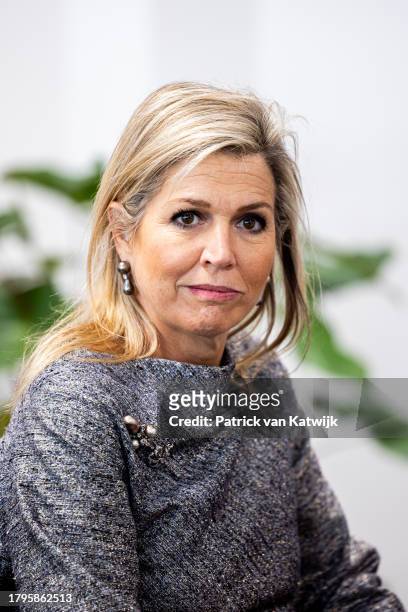 Queen Maxima of The Netherlands attends the presentation of the report State of SMEs 2023 at Oomen storage and movers company on November 15, 2023 in...