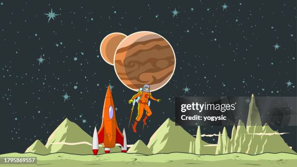 vector retro vintage astronaut exploring a planet on a jetpack stock illustration - zero gravity space stock illustrations
