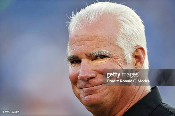 Head coach Mike Smith of the Atlanta Falcons looks on before a NFL pre-season game against the Tennessee Titans at LP Field on August 24, 2013 in...