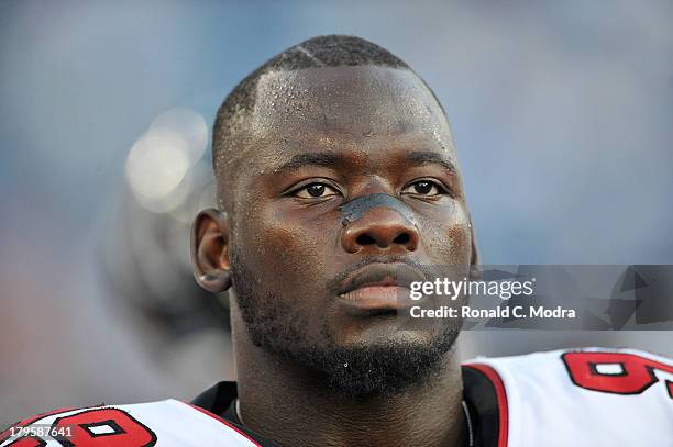 Defensive end Stansly Maponga of the Atlanta Falcons looks on during a NFL pre-season game against the Tennessee Titans at LP Field on August 24,...