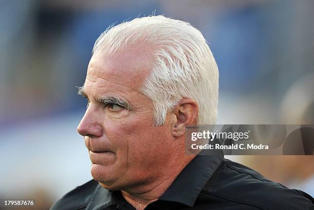 Head coach Mike Smith of the Atlanta Falcons looks on before a NFL pre-season game against the Tennessee Titans at LP Field on August 24, 2013 in...