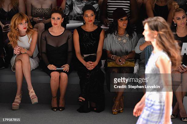Bella Thorne, Alyssa Milano, Rochelle Aytes and June Ambrose attend the Tadashi Shoji Spring 2014 fashion show during Mercedes-Benz Fashion Week at...