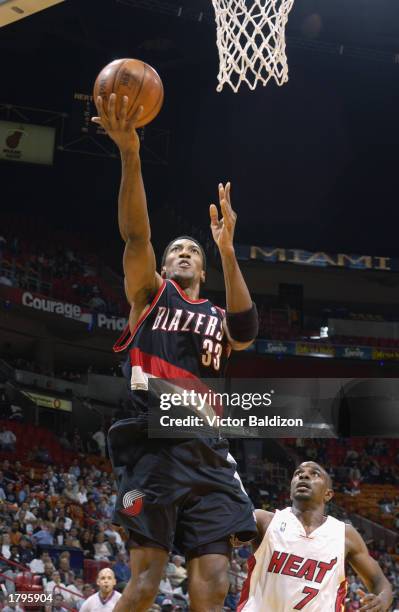 Scottie Pippen of the Portland Trail Blazers lays a shot up during the game against the Miami Heat at American Airlines Arena on February 5, 2003 in...