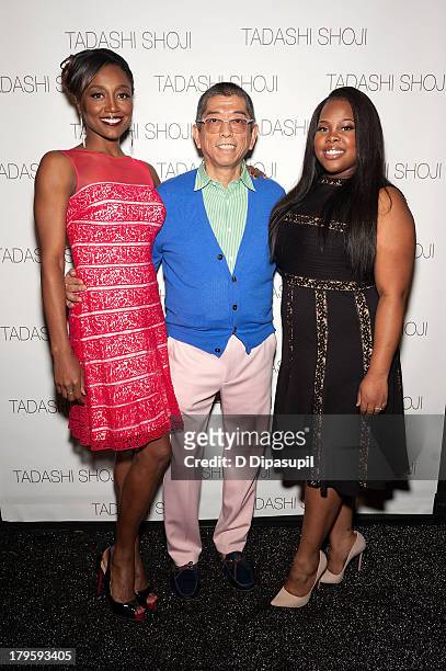 Patina Miller, designer Tadashi Shoji, and Amber Riley attend the Tadashi Shoji Spring 2014 fashion show at The Stage Lincoln Center on September 5,...