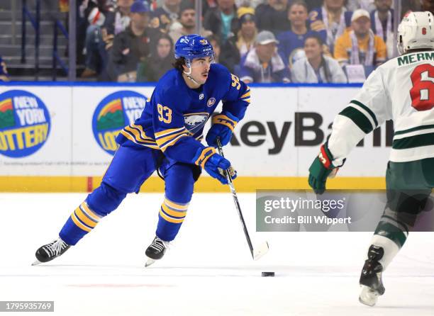 Matt Savoie of the Buffalo Sabres skates against the Minnesota Wild during an NHL game on November 10, 2023 at KeyBank Center in Buffalo, New York.