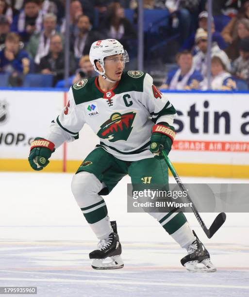 Jared Spurgeon of the Minnesota Wild skates against the Buffalo Sabres during an NHL game on November 10, 2023 at KeyBank Center in Buffalo, New York.