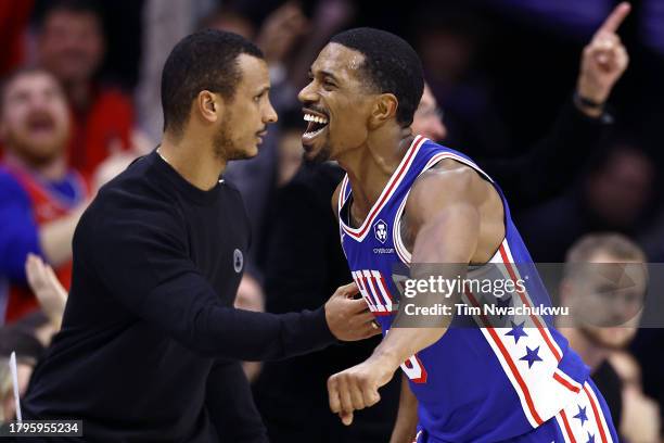 De'Anthony Melton of the Philadelphia 76ers reacts after scoring during the fourth quarter against the Boston Celtics at the Wells Fargo Center on...