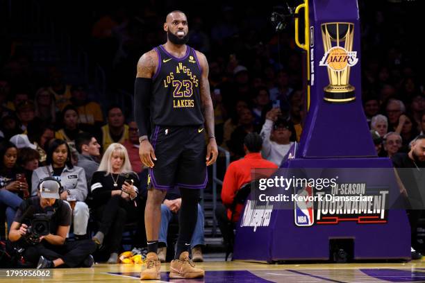LeBron James of the Los Angeles Lakers looks down court during a break in the first half against the Utah Jazz in an NBA In-Season Tournament game at...