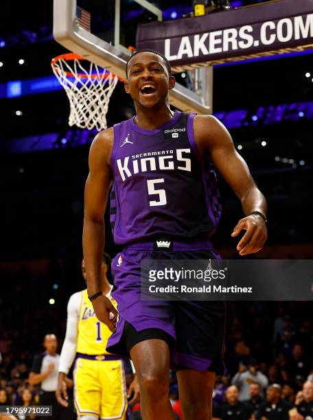 De'Aaron Fox of the Sacramento Kings after fouled by D'Angelo Russell of the Los Angeles Lakersin the first quarter at Crypto.com Arena on November...