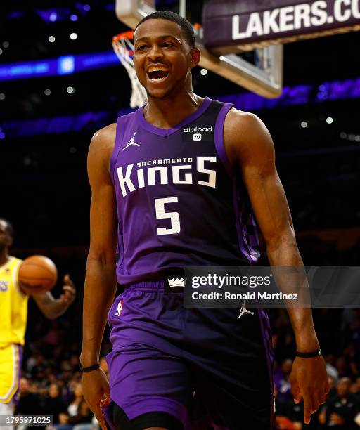 De'Aaron Fox of the Sacramento Kings after fouled by D'Angelo Russell of the Los Angeles Lakers in the first quarter at Crypto.com Arena on November...