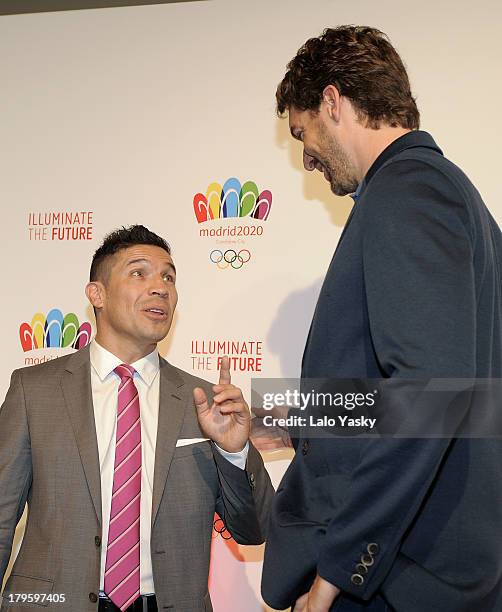 Boxer Sergio Martinez and Los Angeles player Pau Gasol attend the 'Madrid 2020' Press Conference at NH City Hotel on September 5, 2013 in Buenos...