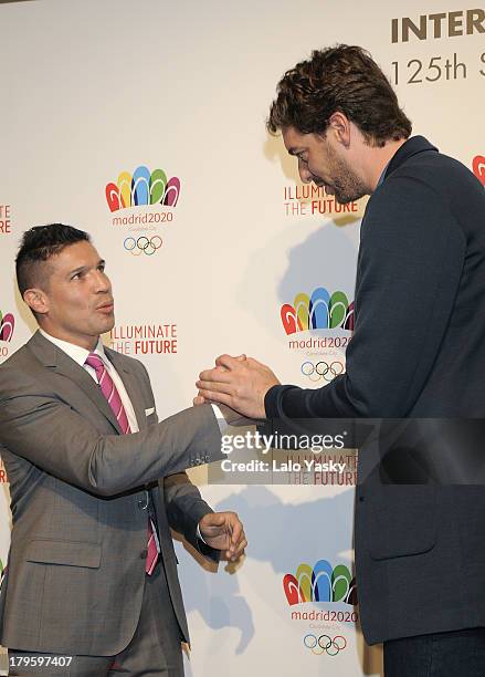 Boxer Sergio Martinez and Los Angeles player Pau Gasol attend the 'Madrid 2020' Press Conference at NH City Hotel on September 5, 2013 in Buenos...