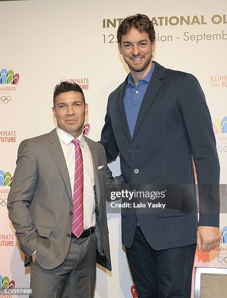 Boxer Sergio Martinez and Los Angeles player Pau Gasol attend the 'Madrid 2020' Press Conference at NH City Hotel on September 5, 2013 in Buenos...