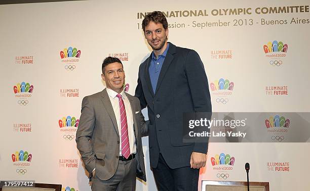 Boxer Sergio Martinez and Los Angeles player Pau Gasol attend the 'Madrid 2020' Press Conference at NH City Hotel on September 5, 2013 in Buenos...