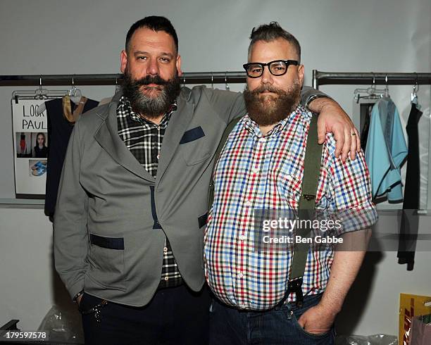 Fashion designers Robert Tagliapietra and Jeffrey Costello backstage the Costello Tagliapietra fashion show during MADE Fashion Week Spring 2014 at...