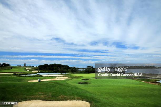 The 14th green at the National Golf Links as a preview for the 2013 Walker Cup Match at National Golf Links of America on September 5, 2013 in...
